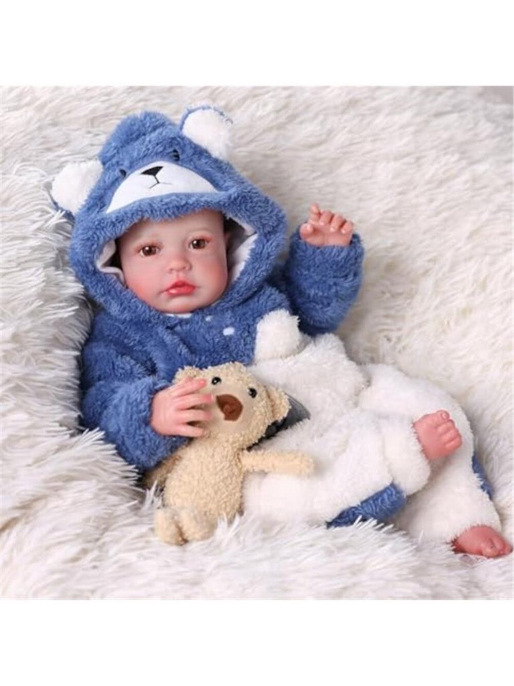 20 Inch Reborn Baby Doll Realistic Boy Blue Polar Bear Romper Vinyl Cloth Body